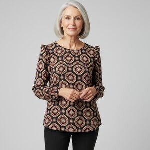 LOFT Medallion Ruffle Shoulder Bar Back Blouse Top Size Large